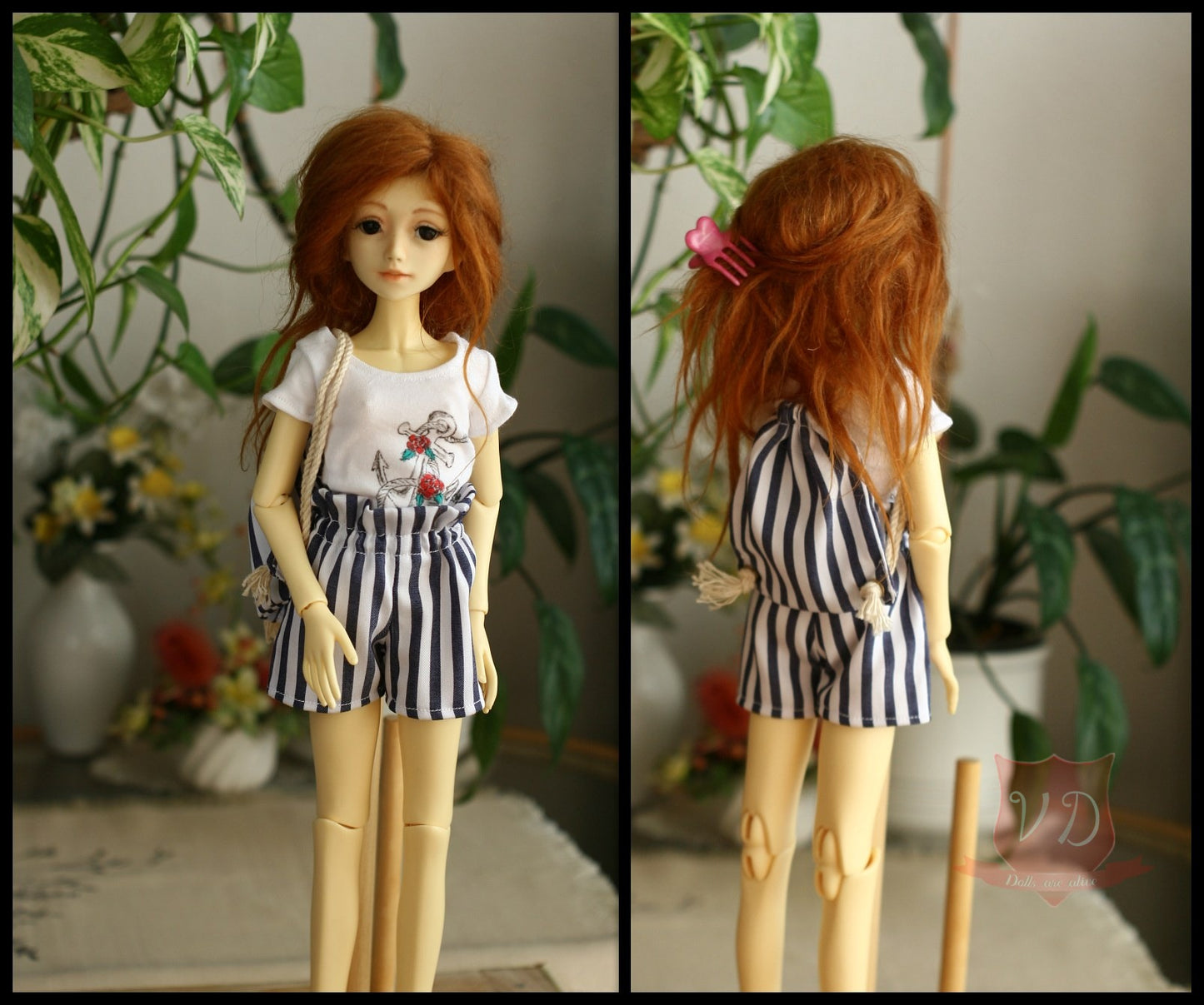 Anchor Pattern White T-shirt, Striped Paperbag Shorts & String Bag Set, Sailor Navy Style, Pretty Summer Fashion Outfit for Slim MSD, Minifee, 1/4 BJD Doll