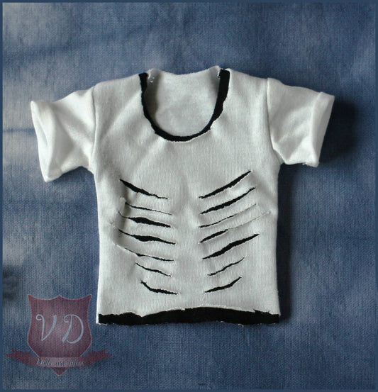 White Cut Out Ribs Ripped, Torn Punk T-shirt, Top for MSD, Minifee, 1/4 BJD