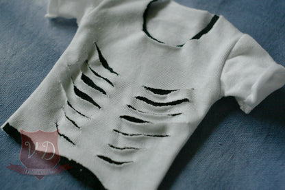 White Cut Out Ribs Ripped, Torn Punk T-shirt, Top for MSD, Minifee, 1/4 BJD