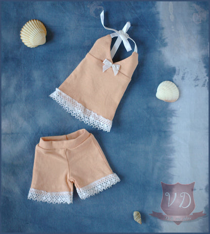 Lace Trim Neck Tie Top and Shorts Pajamas, PJs, Nightwear in 2 colours for MSD, Minifee, 1/4 BJD