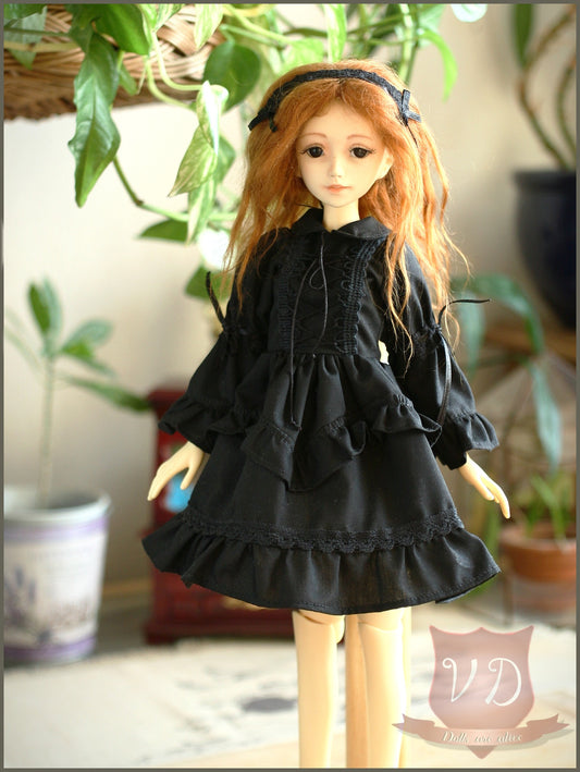 Black Gothic Lolita Ruffle Frilly Lace Up Front Dress & Headband, Elegant Classic Outfit for MSD Minifee 1/4 BJD