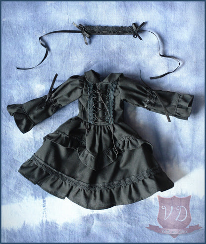 Black Gothic Lolita Ruffle Frilly Lace Up Front Dress & Headband, Elegant Classic Outfit for MSD Minifee 1/4 BJD