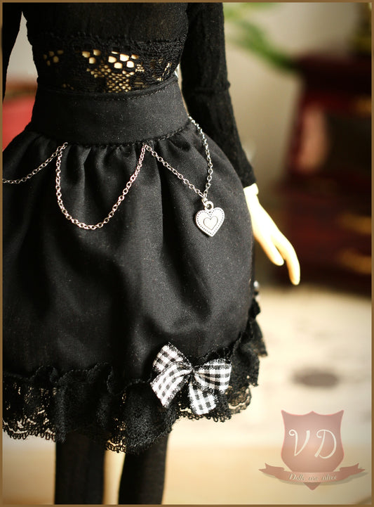 Black Gothic Punk Lolita Ruffle Skirt with Bows & Chains for MSD, Minifee, 1/4 BJD