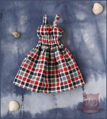 Red/Grey Checkered Plaid Smocked Dress for MSD, 1/4 BJD doll