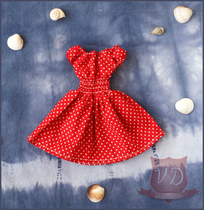 Retro Vintage Red Polka Dotted Smocked Ruffle Dress, Pretty Dotty Fashion Outfit for Slim MSD, Minifee, 1/4 BJD Doll