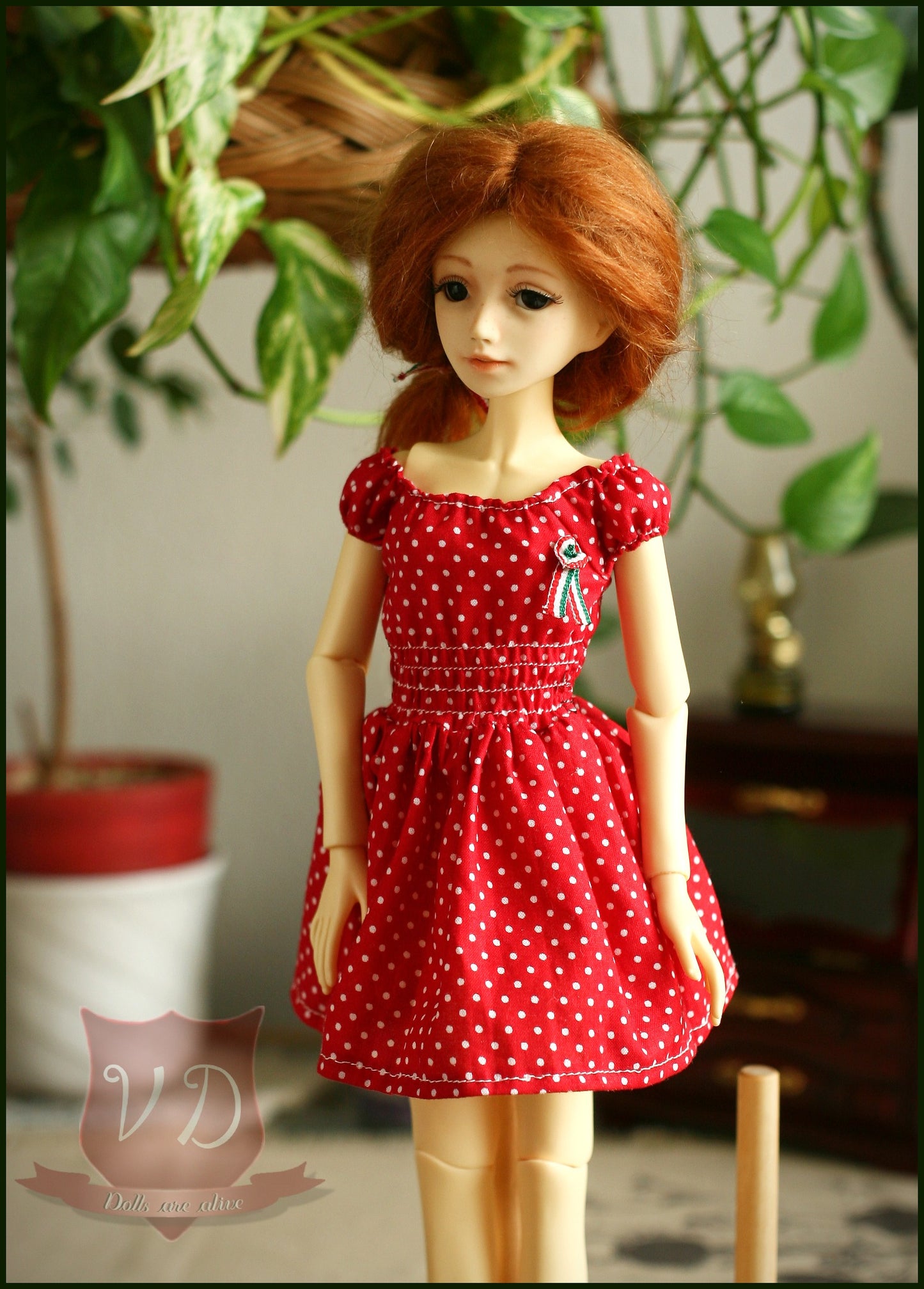 Retro Vintage Red Polka Dotted Smocked Ruffle Dress, Pretty Dotty Fashion Outfit for Slim MSD, Minifee, 1/4 BJD Doll