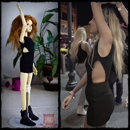 Hawk Tuah Girl Dress, Open Side Black Bodycon Mini Dress, Funny Meme Hailey Welch Elegant Outfit for MSD, Minifee, 1/4 BJD doll