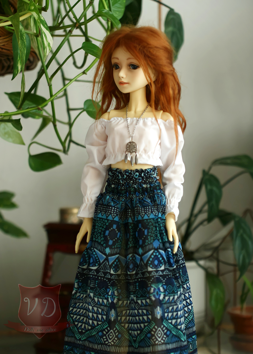 Boho Tribal Print Blue Ruffle Midi Skirt, White Puff Sleeve Crop Blouse & Dreamcatcher Necklace Set, Bohemian Hippie Outfit for Slim MSD, Minifee, 1/4 BJD Doll