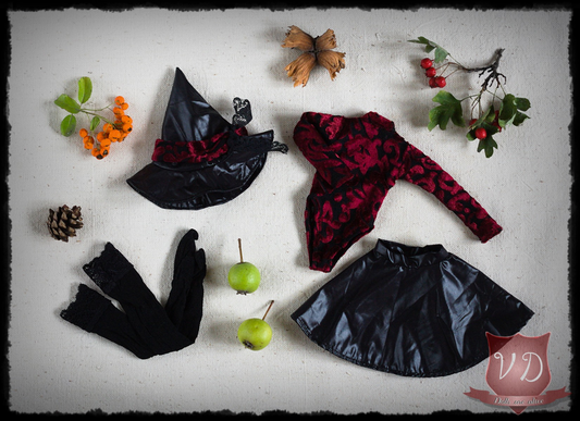 Halloween Witch Costume - Red Velvet Bodysuit, Shiny Black Skirt, Hat & Stockings Outfit for MSD, Minifee, 1/4 BJD